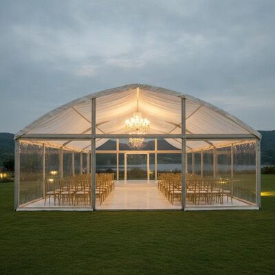 Luxury Wedding Reception Party Marquee Tent Tempered Glass Wall Champagne Gold Frame Elegantne wydarzenie