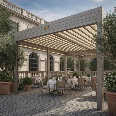 Europejska restauracja taras Pergola namiot imprezowy rozsuwany dach jadalnia na świeżym powietrzu ochrona przed warunkami atmosferycznymi konstrukcja baldachimu