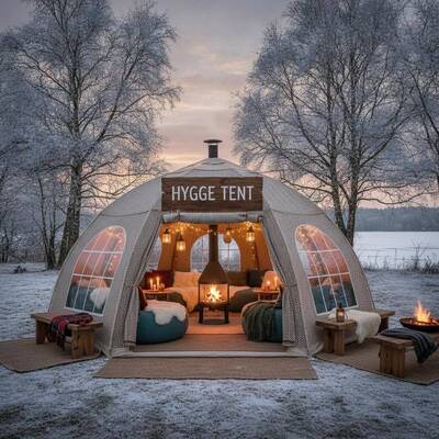 Duński namiot imprezowy Hygge Cosy Event Party Izolowany, ciepły projekt atmosfery dla Danii Spotkania towarzyskie na świeżym powietrzu